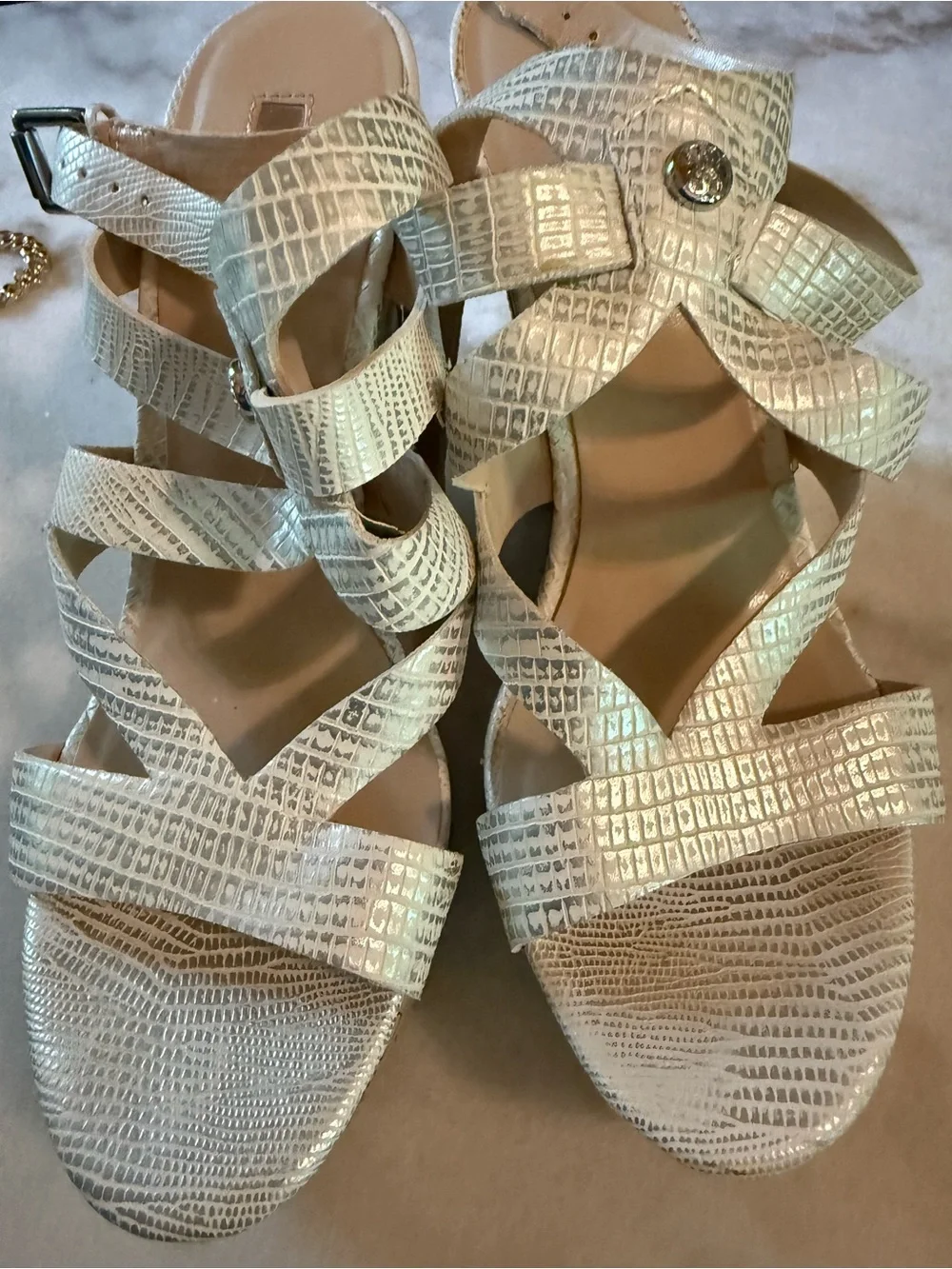 GUESS White Textured Cork Wedge Sandals